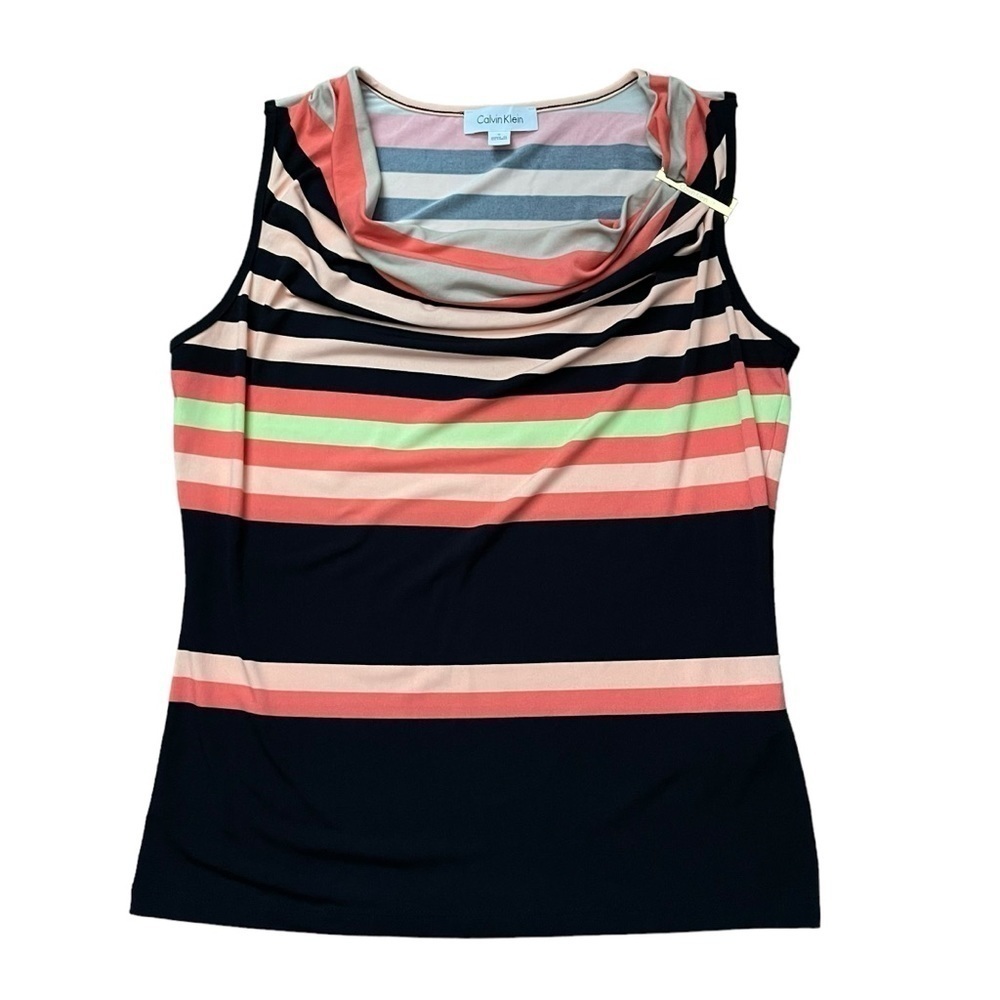 Calvin Klein Peach & Brown Stripes Cowl Neck Retro Top US S